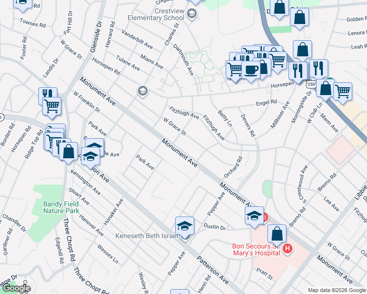 map of restaurants, bars, coffee shops, grocery stores, and more near 6512 Monument Avenue in Richmond