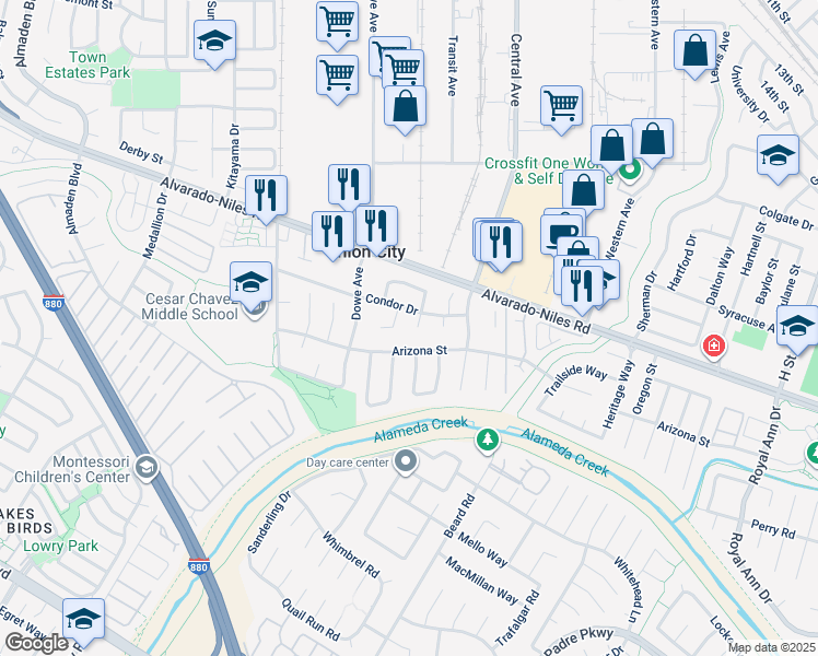 map of restaurants, bars, coffee shops, grocery stores, and more near 2611 Quail Court in Union City
