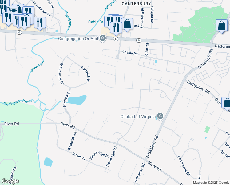 map of restaurants, bars, coffee shops, grocery stores, and more near 9833 Colony Bluff Drive in Richmond