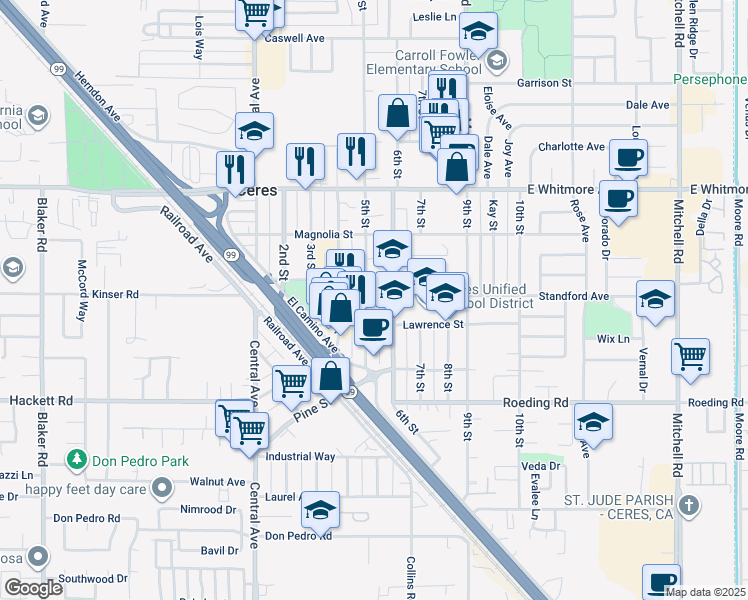 map of restaurants, bars, coffee shops, grocery stores, and more near 2928 5th Street in Ceres