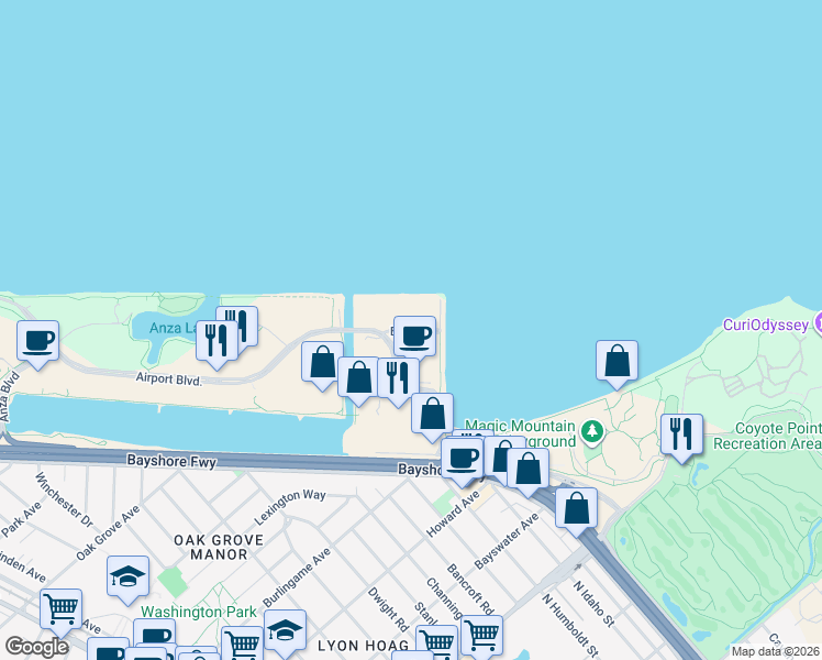 map of restaurants, bars, coffee shops, grocery stores, and more near 300 Airport Boulevard in Burlingame