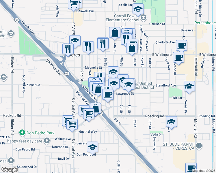 map of restaurants, bars, coffee shops, grocery stores, and more near 2928 5th Street in Ceres