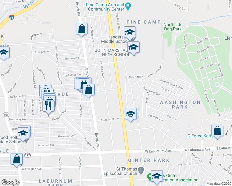 map of restaurants, bars, coffee shops, grocery stores, and more near 3918 Chamberlayne Avenue in Richmond