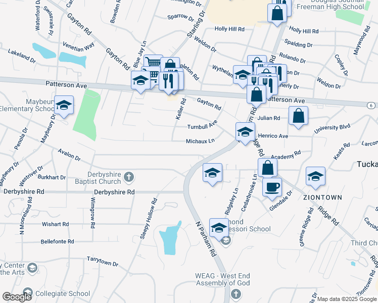 map of restaurants, bars, coffee shops, grocery stores, and more near 8732 Midway Road in Richmond