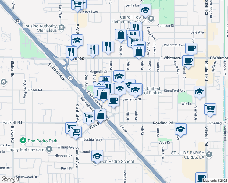 map of restaurants, bars, coffee shops, grocery stores, and more near 2905 5th Street in Ceres