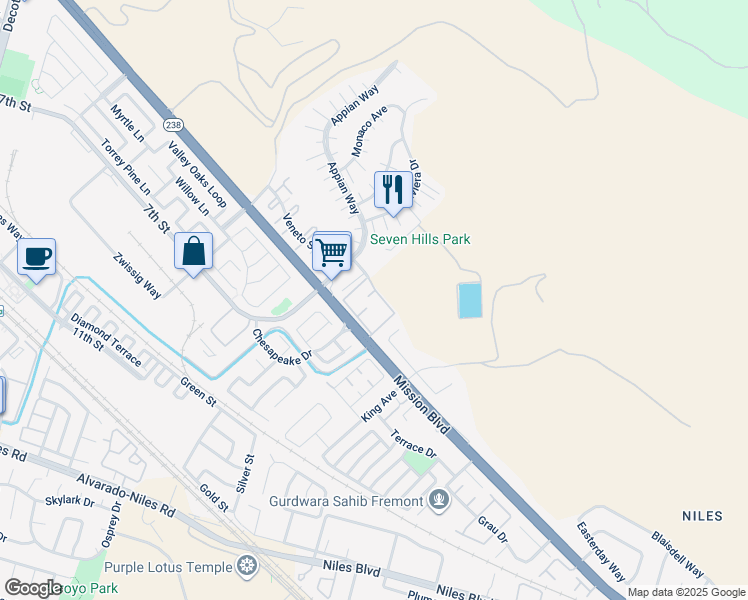 map of restaurants, bars, coffee shops, grocery stores, and more near 116 Veneto Avenue in Union City