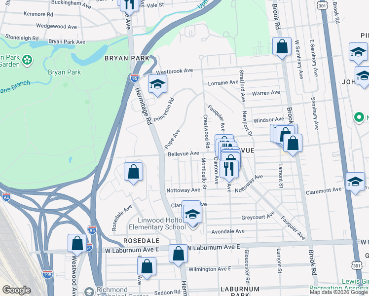 map of restaurants, bars, coffee shops, grocery stores, and more near 1608 Bellevue Avenue in Richmond