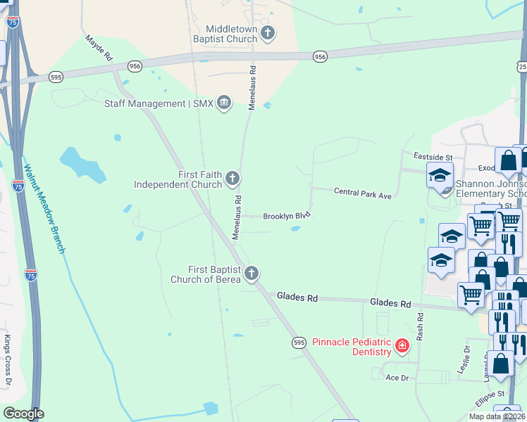 map of restaurants, bars, coffee shops, grocery stores, and more near 1011 Brooklyn Boulevard in Berea