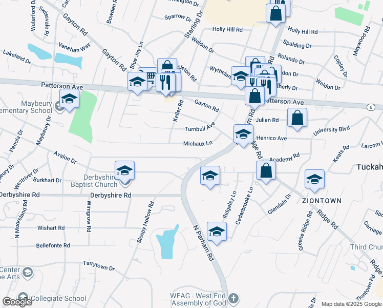 map of restaurants, bars, coffee shops, grocery stores, and more near 8714 Midway Road in Richmond