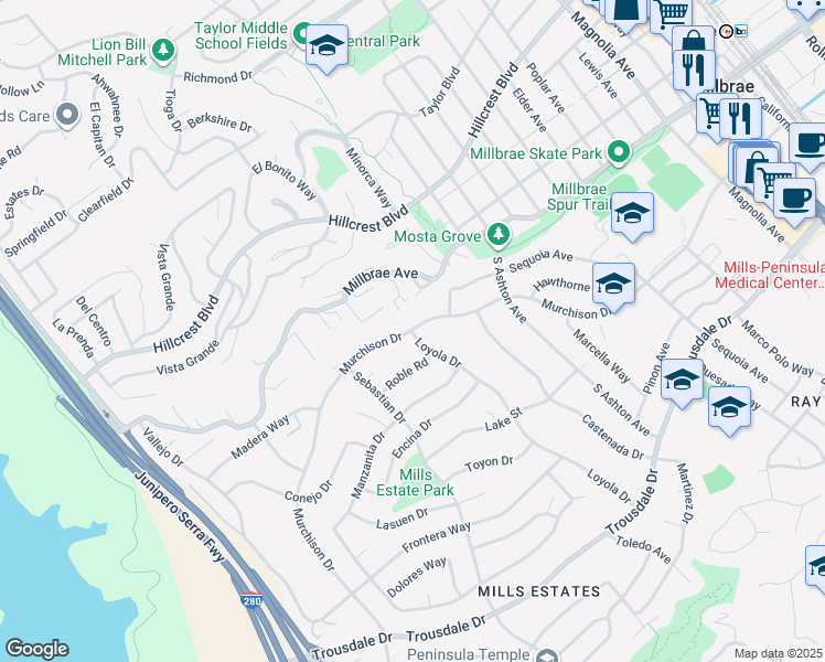 map of restaurants, bars, coffee shops, grocery stores, and more near Murchison Drive & Loyola Drive in Millbrae