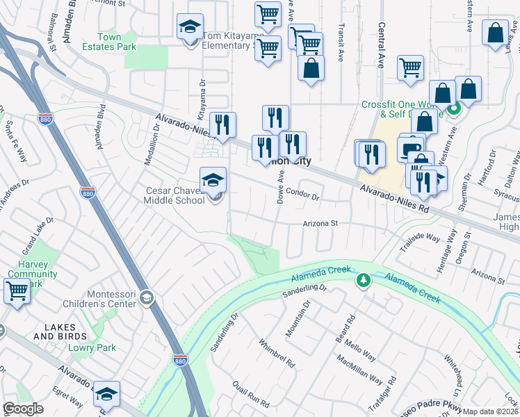 map of restaurants, bars, coffee shops, grocery stores, and more near 2731 Killdeer Court in Union City