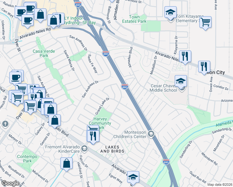 map of restaurants, bars, coffee shops, grocery stores, and more near 3248 Lake Arrowhead Avenue in Fremont