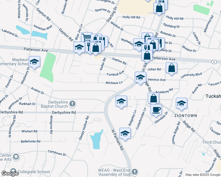 map of restaurants, bars, coffee shops, grocery stores, and more near 8714 Midway Road in Richmond