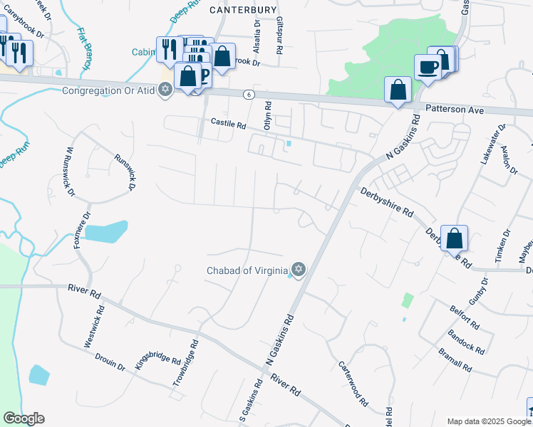 map of restaurants, bars, coffee shops, grocery stores, and more near 9721 Colony Bluff Drive in Richmond