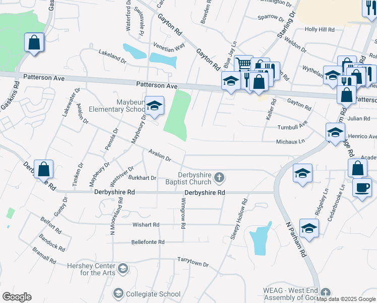 map of restaurants, bars, coffee shops, grocery stores, and more near 9000 Splitwood Circle in Richmond
