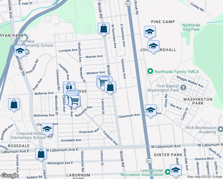 map of restaurants, bars, coffee shops, grocery stores, and more near Brook Rd & Bellevue Ave in Richmond