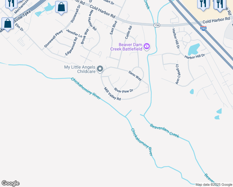 map of restaurants, bars, coffee shops, grocery stores, and more near 7035 River Valley Road in Mechanicsville