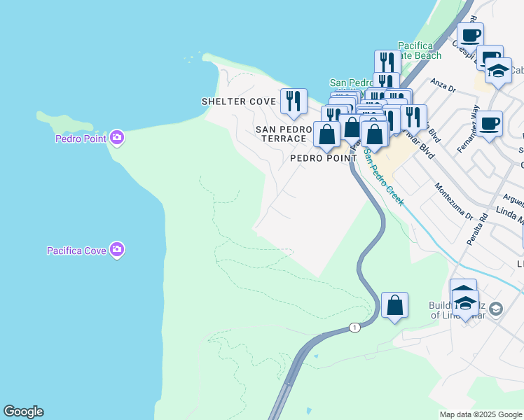 map of restaurants, bars, coffee shops, grocery stores, and more near 1530 Grand Avenue in Pacifica