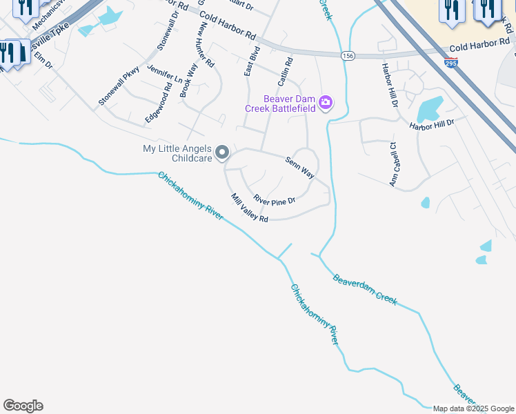 map of restaurants, bars, coffee shops, grocery stores, and more near 7035 River Valley Road in Mechanicsville
