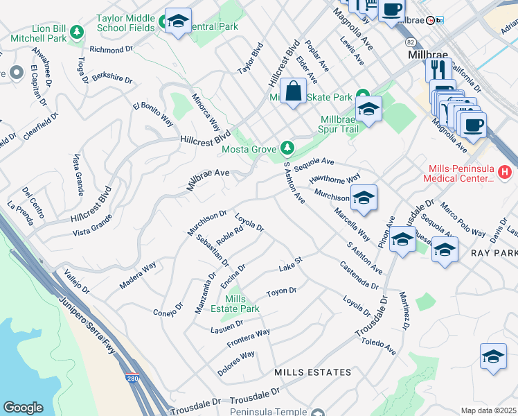 map of restaurants, bars, coffee shops, grocery stores, and more near 201 Castenada Drive in Millbrae