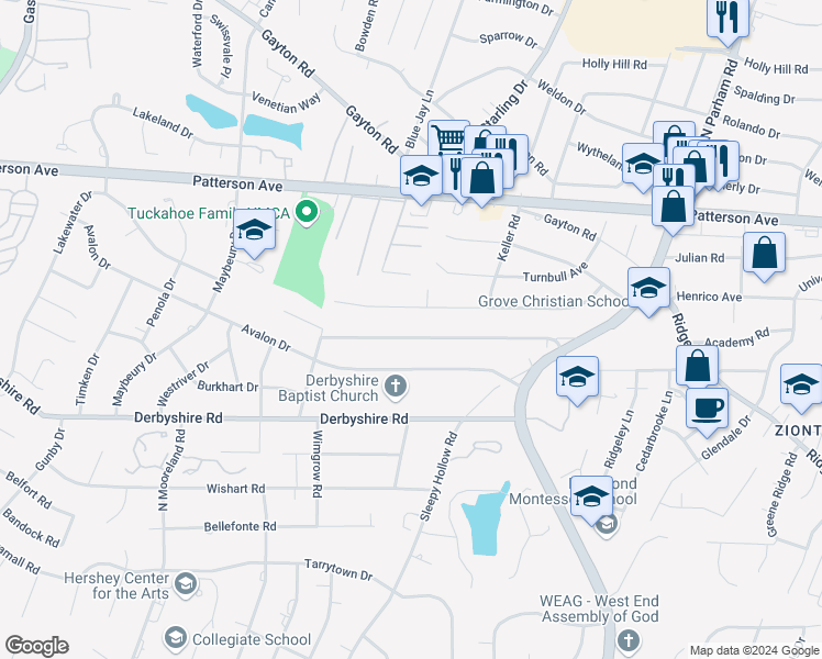 map of restaurants, bars, coffee shops, grocery stores, and more near 8920 Midway Road in Richmond