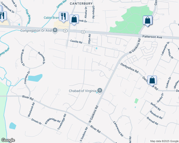 map of restaurants, bars, coffee shops, grocery stores, and more near 9721 Colony Bluff Drive in Richmond