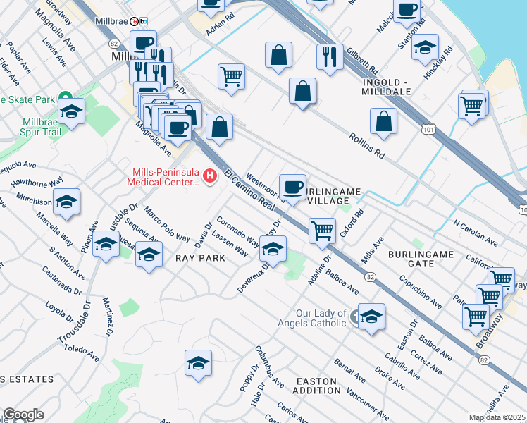 map of restaurants, bars, coffee shops, grocery stores, and more near 1618 Albemarle Way in Burlingame