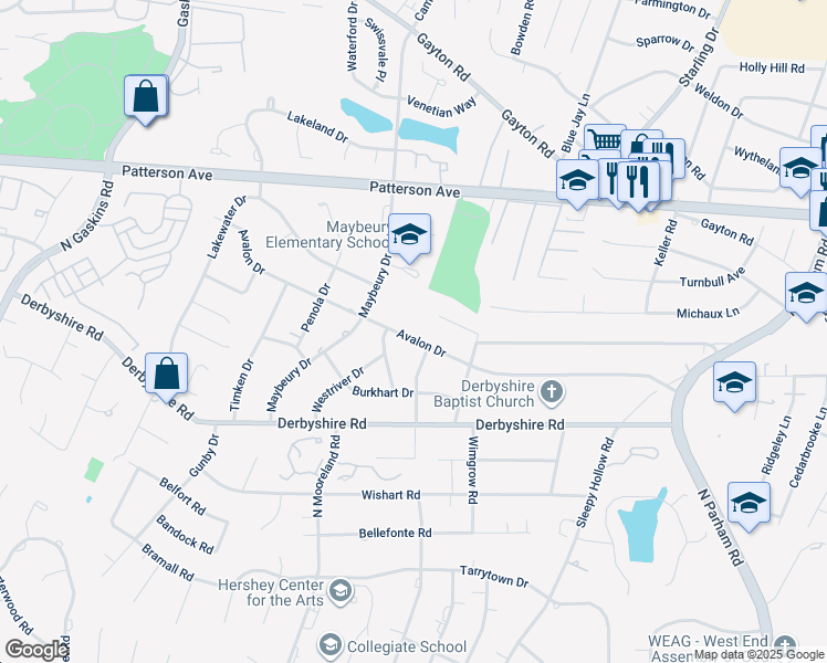map of restaurants, bars, coffee shops, grocery stores, and more near 9104 Avalon Drive in Henrico