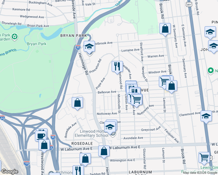 map of restaurants, bars, coffee shops, grocery stores, and more near 1608 Bellevue Avenue in Richmond