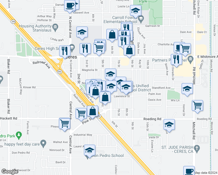 map of restaurants, bars, coffee shops, grocery stores, and more near 2921 6th Street in Ceres