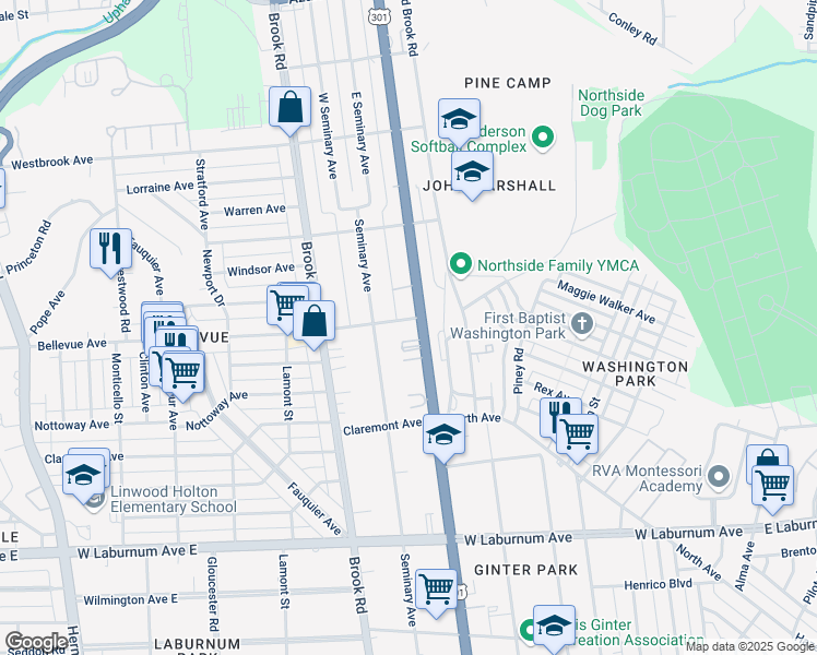 map of restaurants, bars, coffee shops, grocery stores, and more near 3920 Chamberlayne Avenue in Richmond