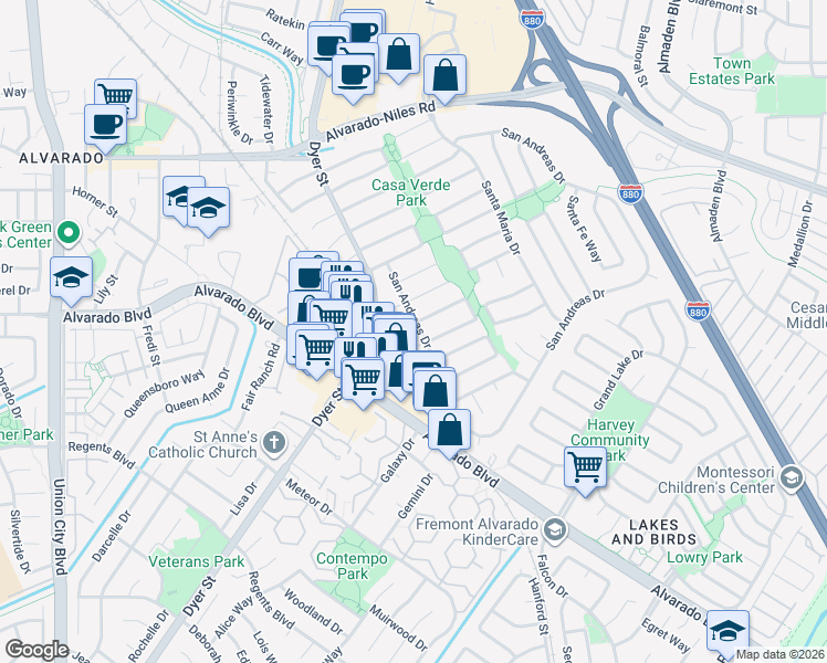 map of restaurants, bars, coffee shops, grocery stores, and more near 3274 Santa Rosa Court in Union City