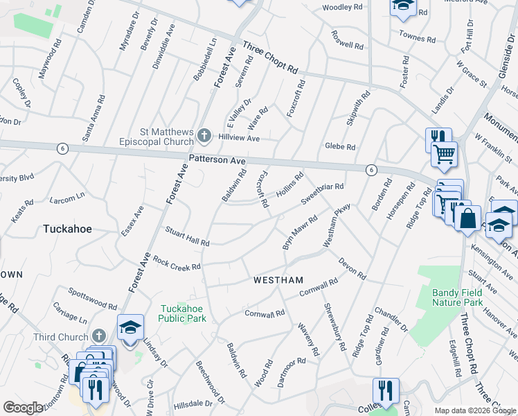 map of restaurants, bars, coffee shops, grocery stores, and more near 7627 Hollins Road in Richmond