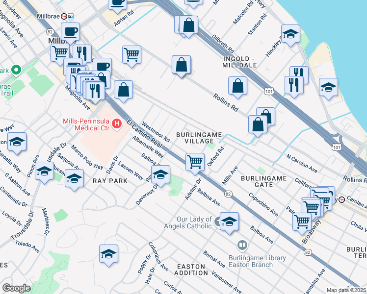 map of restaurants, bars, coffee shops, grocery stores, and more near 1548 Westmoor Road in Burlingame