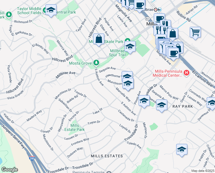 map of restaurants, bars, coffee shops, grocery stores, and more near 220 South Ashton Avenue in Millbrae
