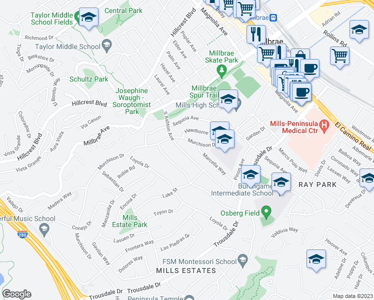 map of restaurants, bars, coffee shops, grocery stores, and more near 220 South Ashton Avenue in Millbrae