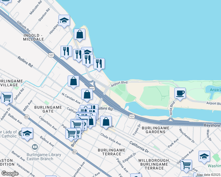 map of restaurants, bars, coffee shops, grocery stores, and more near 1350 Old Bayshore Highway in Burlingame