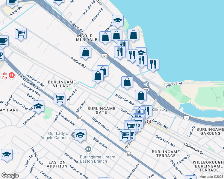 map of restaurants, bars, coffee shops, grocery stores, and more near 1003 Edwards Road in Burlingame