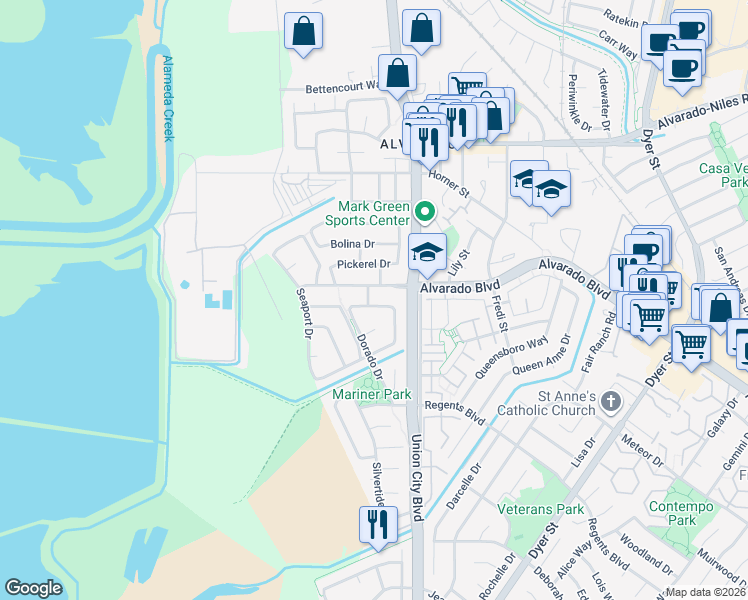 map of restaurants, bars, coffee shops, grocery stores, and more near 4470 Alvarado Boulevard in Union City