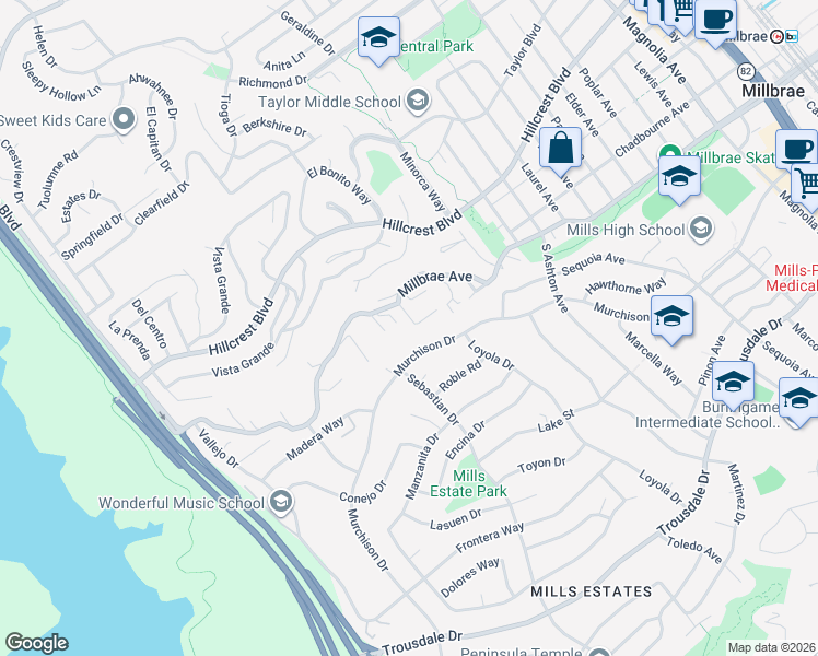 map of restaurants, bars, coffee shops, grocery stores, and more near 35 Loree Lane in Millbrae