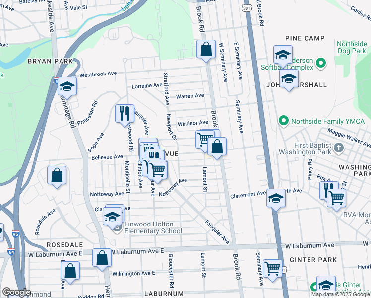 map of restaurants, bars, coffee shops, grocery stores, and more near 1230 Bellevue Avenue in Richmond