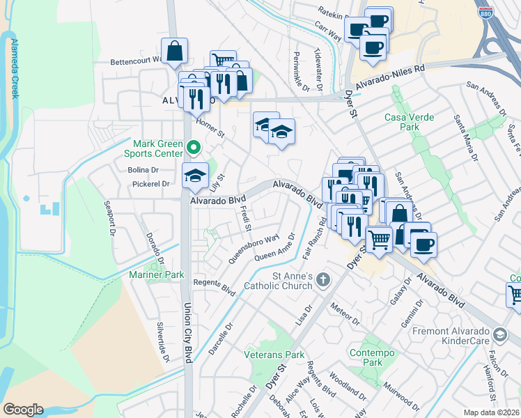 map of restaurants, bars, coffee shops, grocery stores, and more near 4262 Las Feliz Court in Union City