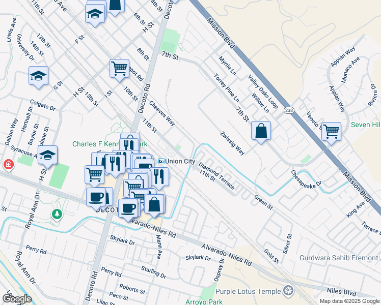map of restaurants, bars, coffee shops, grocery stores, and more near 1013 Amber Terrace in Union City