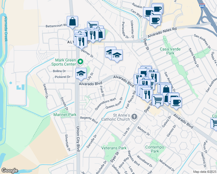 map of restaurants, bars, coffee shops, grocery stores, and more near 4235 Miramonte Way in Union City