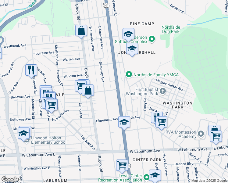 map of restaurants, bars, coffee shops, grocery stores, and more near 4200 Chamberlayne Avenue in Richmond