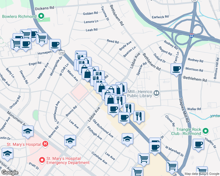 map of restaurants, bars, coffee shops, grocery stores, and more near 2000 Henderson Road in Richmond
