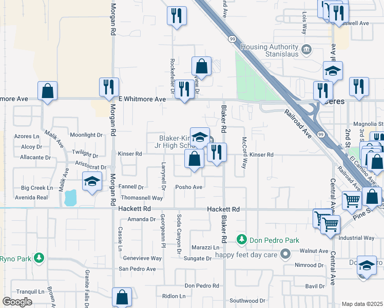 map of restaurants, bars, coffee shops, grocery stores, and more near 1601 Kinser Road in Ceres