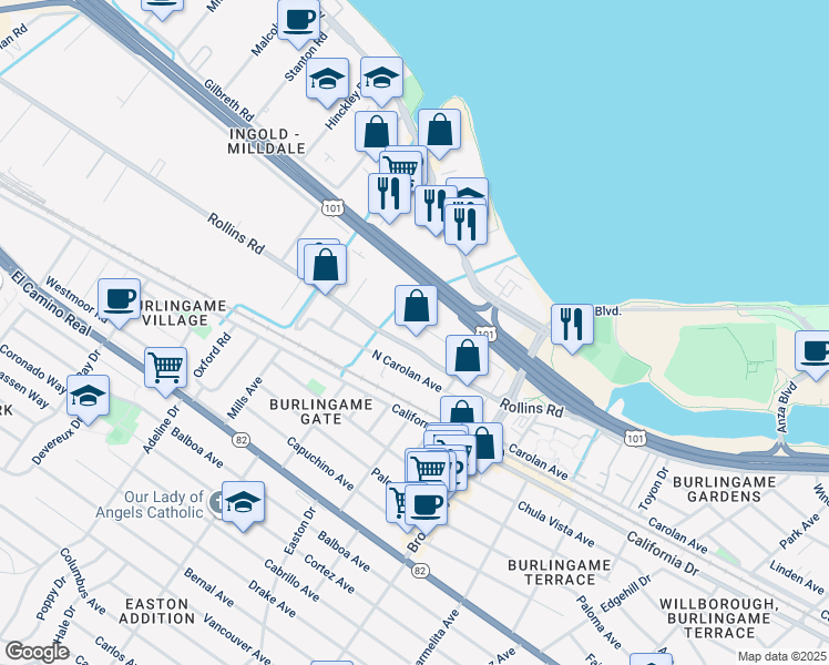 map of restaurants, bars, coffee shops, grocery stores, and more near 1356 Marsten Rd in Burlingame
