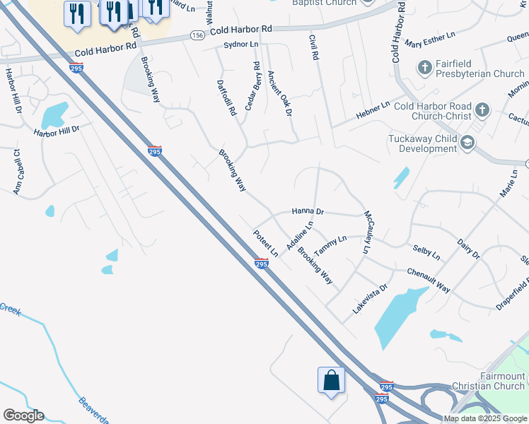 map of restaurants, bars, coffee shops, grocery stores, and more near 7046 Hanna Drive in Mechanicsville