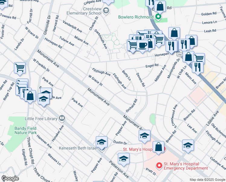 map of restaurants, bars, coffee shops, grocery stores, and more near 6504 West Grace Street in Richmond